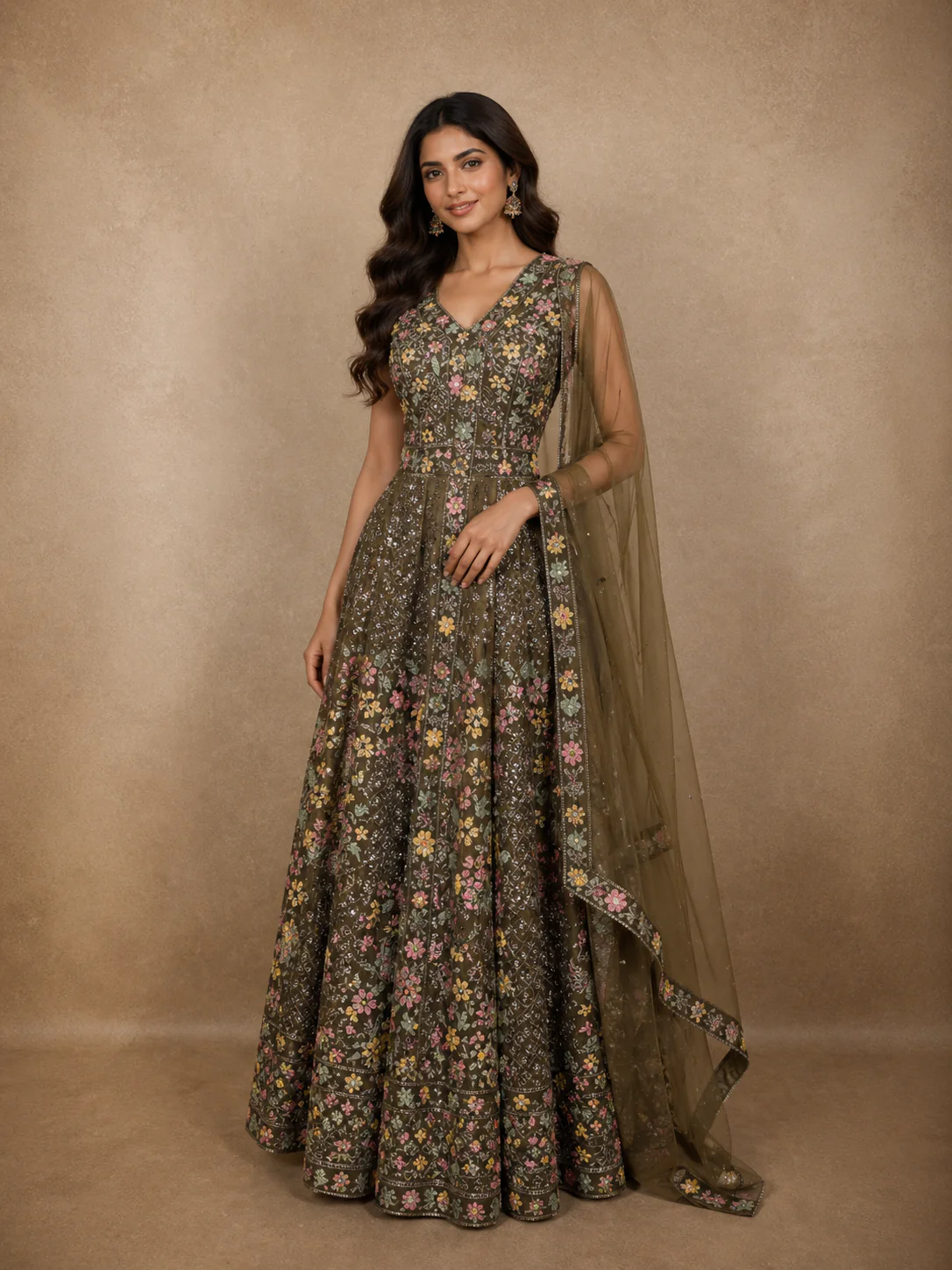 Olive Green Floral Thread and Beads Embroidered Design Net Lehenga with Dupatta